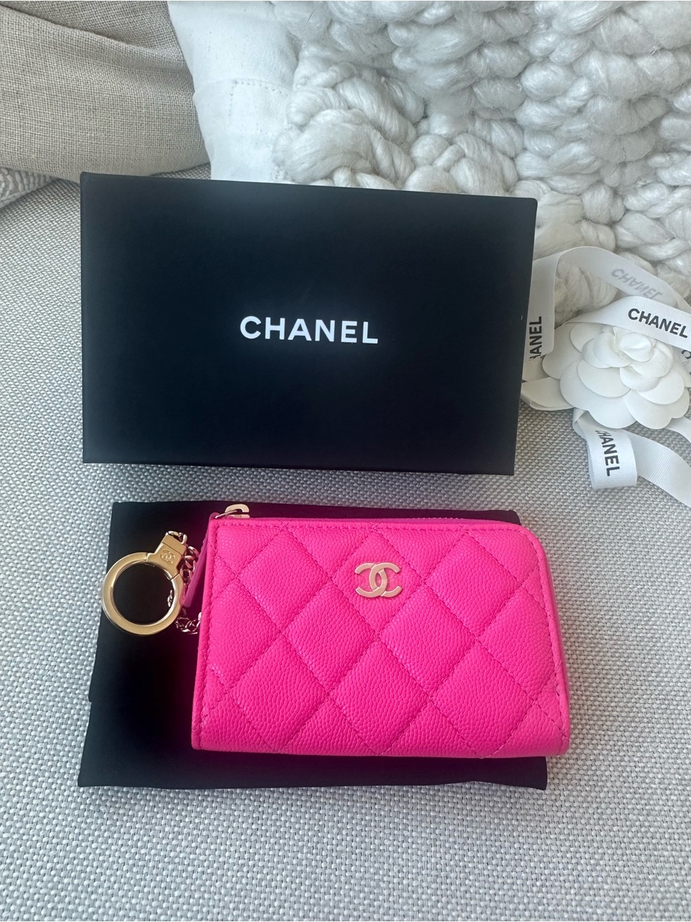 CHANEL BRAND NEW Pink Quilted Caviar Leather Key Pouch with Gold Hardware